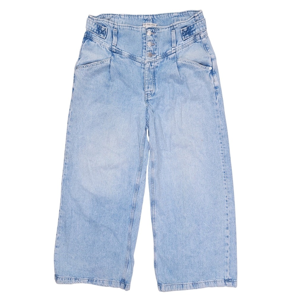 We The Free Free People Super Sweeper Wide Leg Jeans Light Wash Blue Denim L